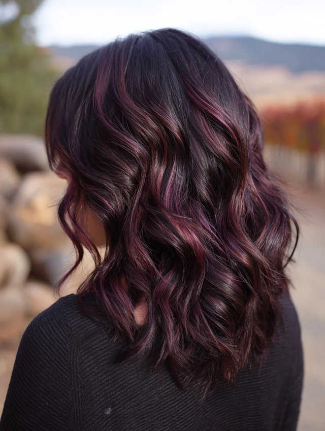 Burgundy plum peekaboo highlights hidden under dark hair