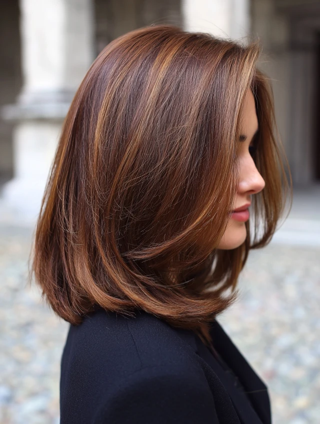 Espresso brown silk press hair with subtle honey blonde highlights