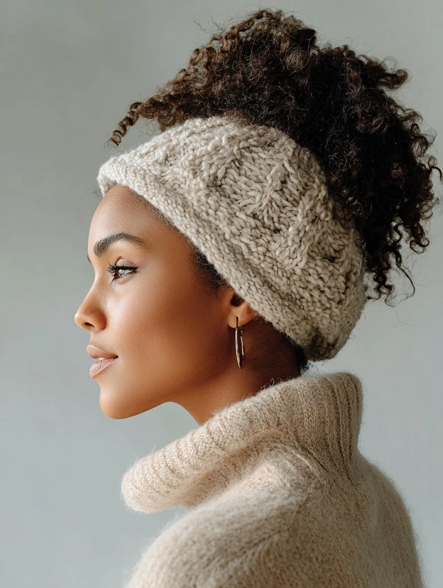 Wavy hair pulled back with a wide knit headband in winter