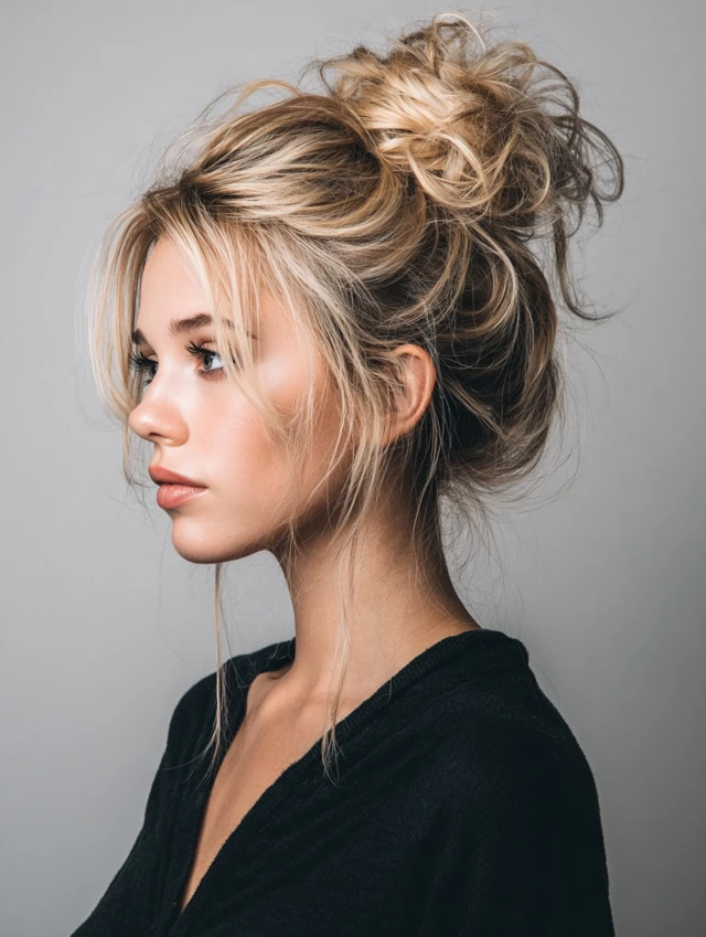Messy Top Knot pool hairstyle