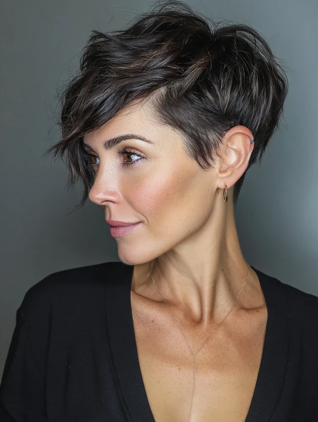 Textured dark brown pixie with a side fringe low maintenance haircut