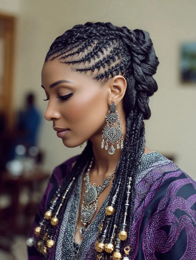 Tribal braids with accessories hairstyle