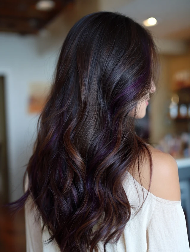 Purple peekaboo highlights under dark hair