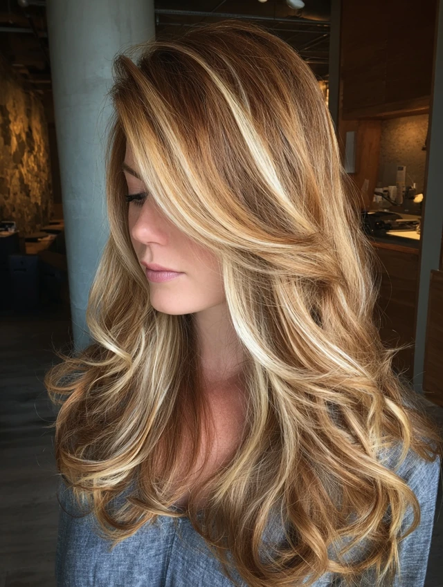 Wavy Layers with Caramel and Blonde Pieces layered hairstyle
