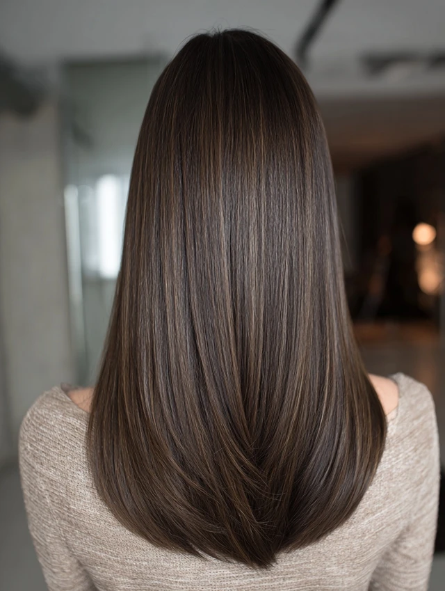 Hazelnut balayage highlights on sleek brunette hair