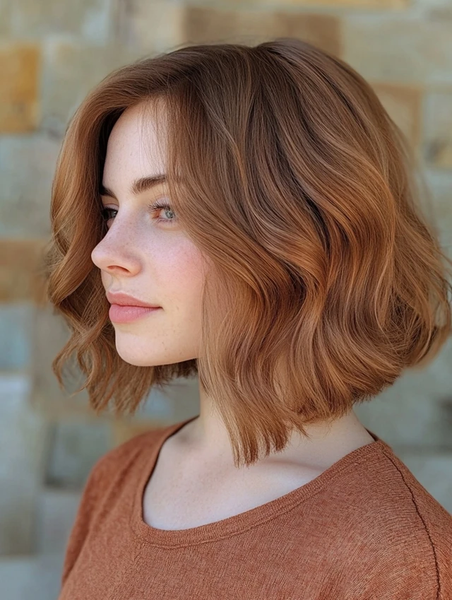 Long bob haircut in deep copper brown