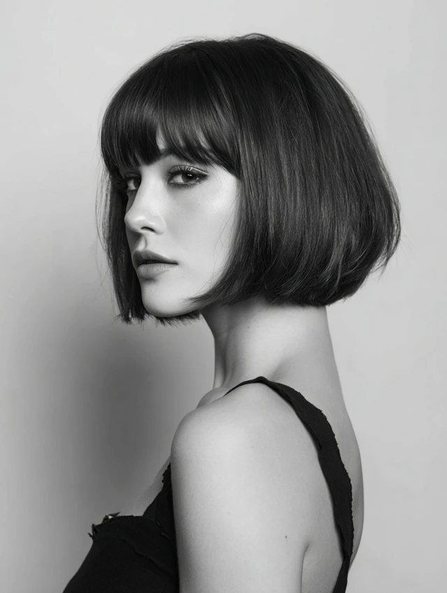 Blunt bob haircut with full fringe for thin hair