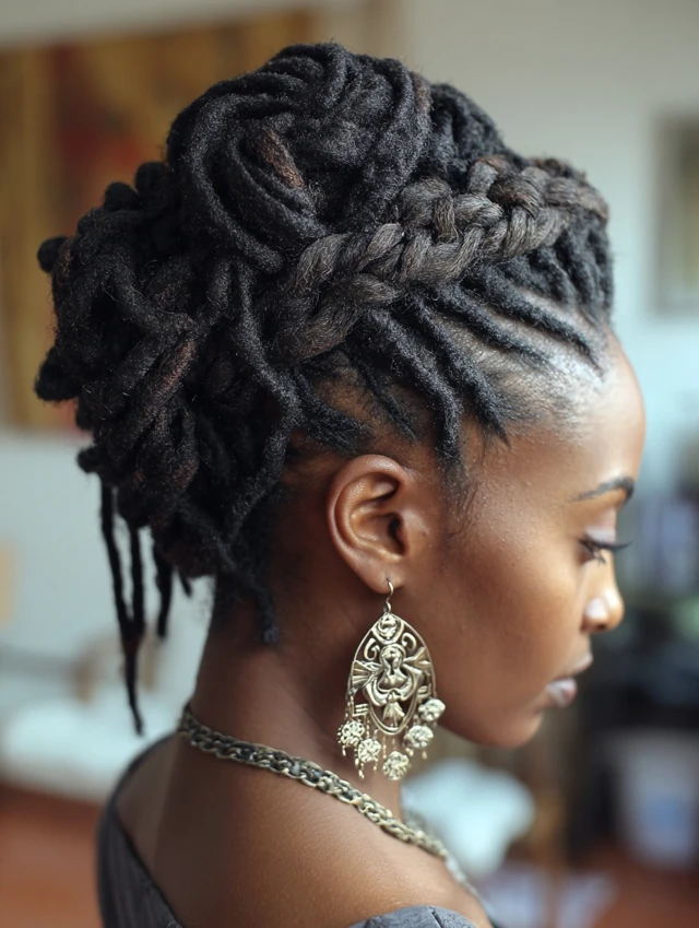 Top knot bun with loose face-framing locs