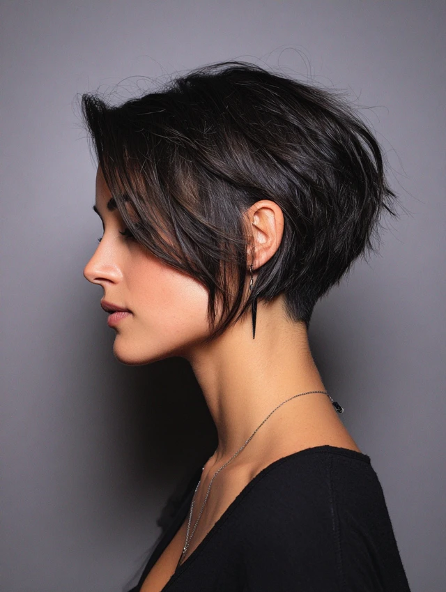 Woman with an undercut bob haircut revealing a hidden shaved nape