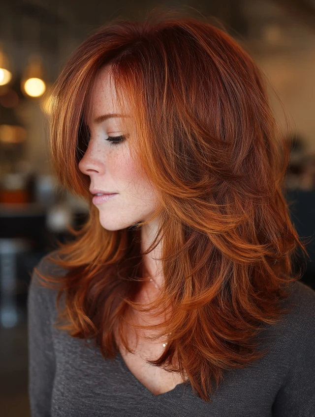 Rich auburn layered haircut with full voluminous shape