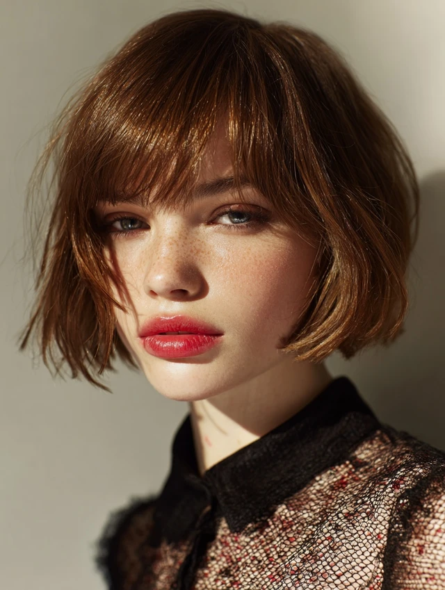 Woman with a blunt bob haircut and micro bangs