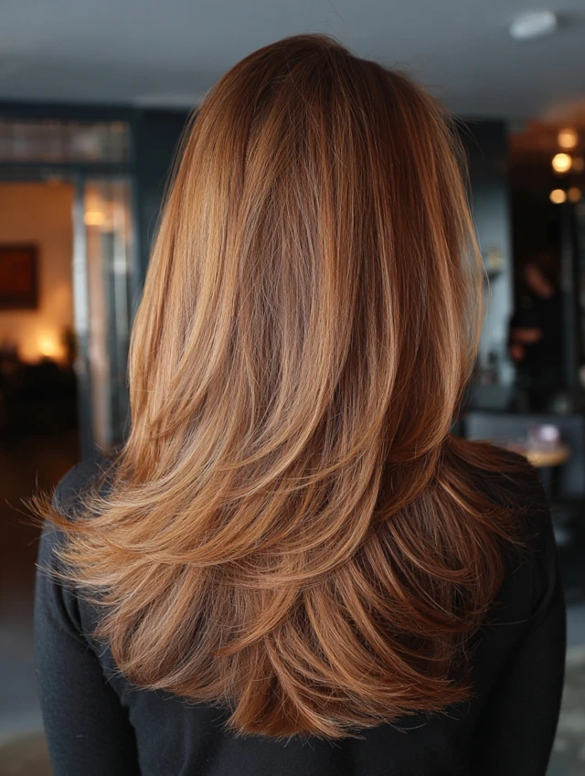 Dark copper brown hair with long layers