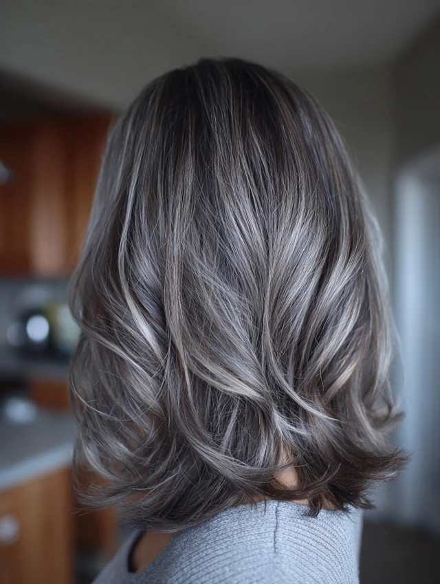 Woman with a silver grey lob haircut