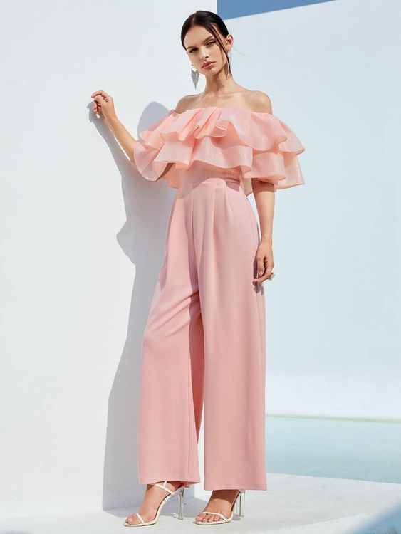Blush pink off-shoulder ruffle jumpsuit first date outfit