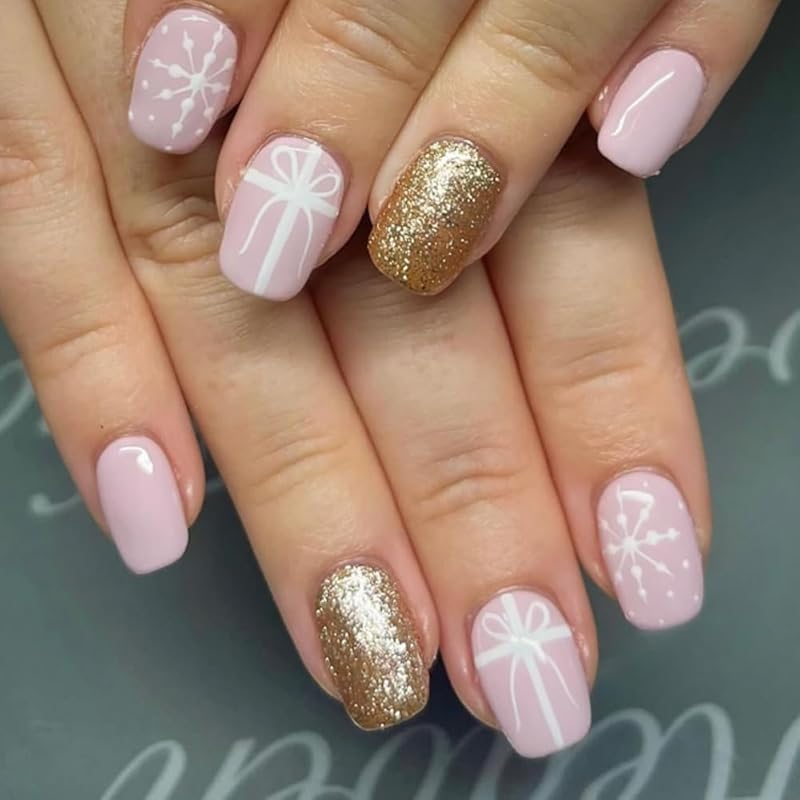 Pale Pink Gift Ribbon and Gold Glitter Nails festive Christmas nail art