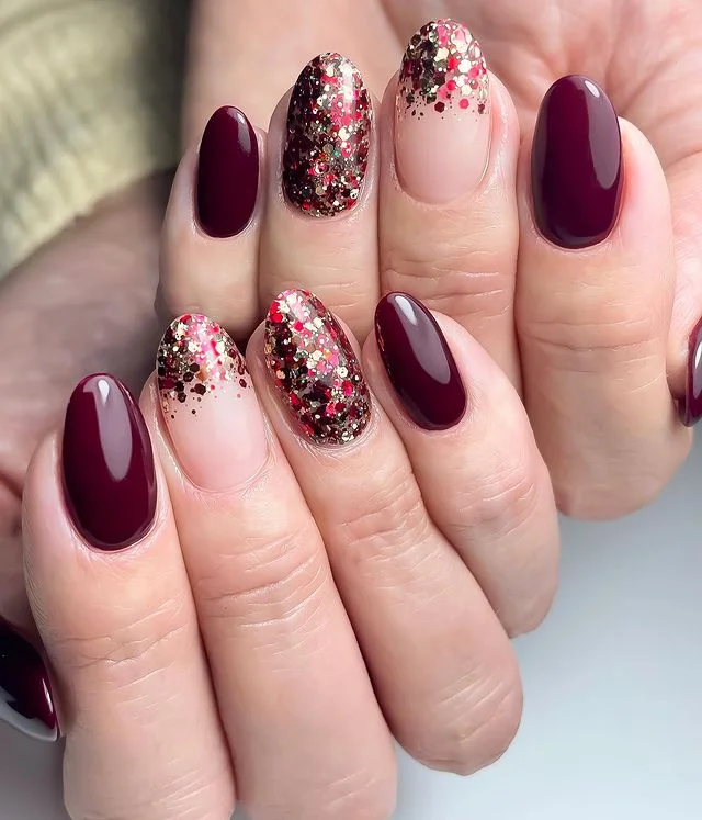 Deep Burgundy with Confetti Glitter December nail manicure