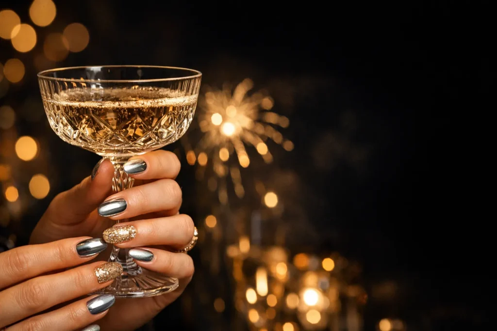 Silver Chrome and Gold Glitter Champagne Toast Nails new years eve nails design