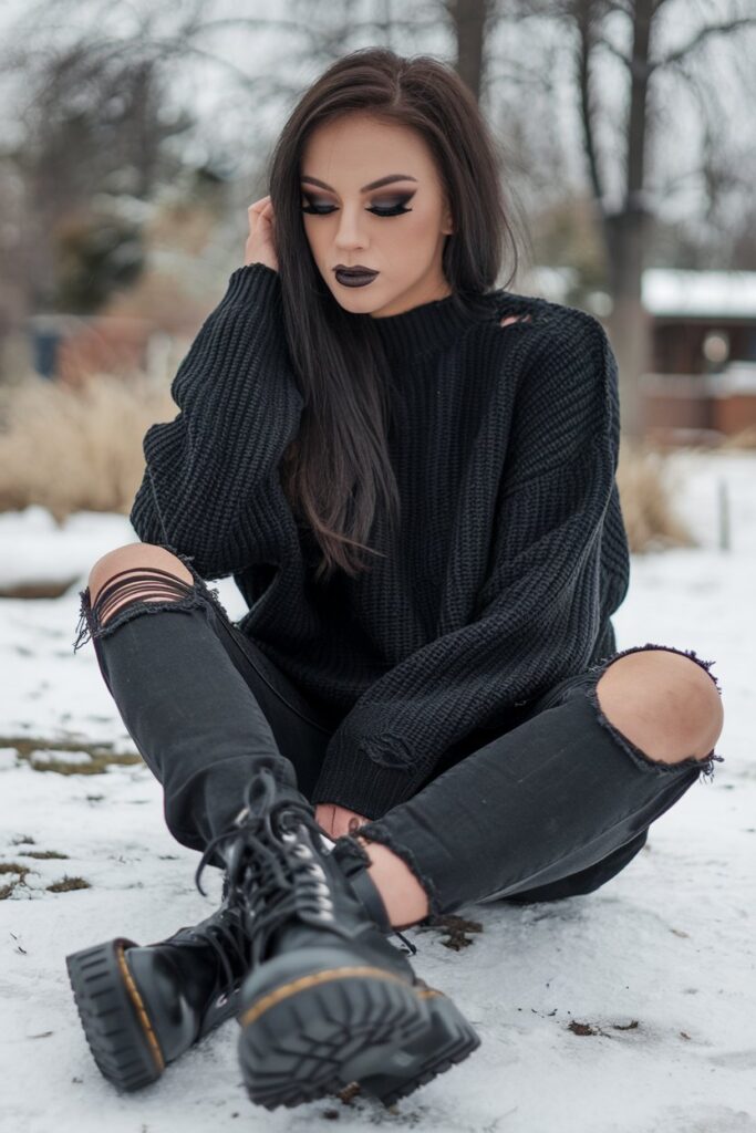 Oversized Black Sweater with Ripped Jeans and Combat Boots goth outfit