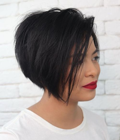 Sharp and dark bob pixie with angled side-swept style