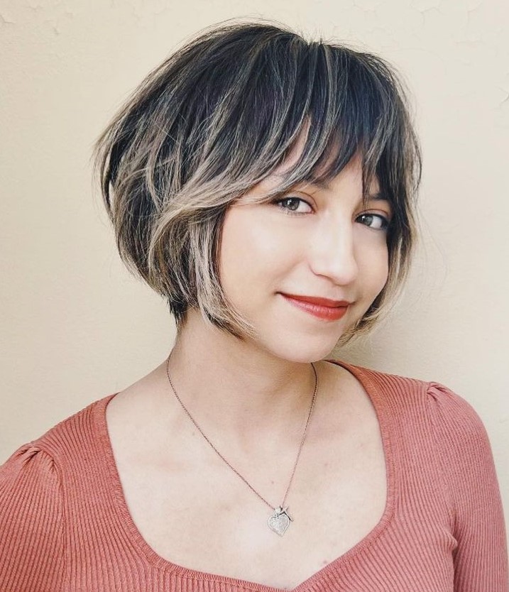 Tousled bob shag with curtain bangs short hair hairstyle