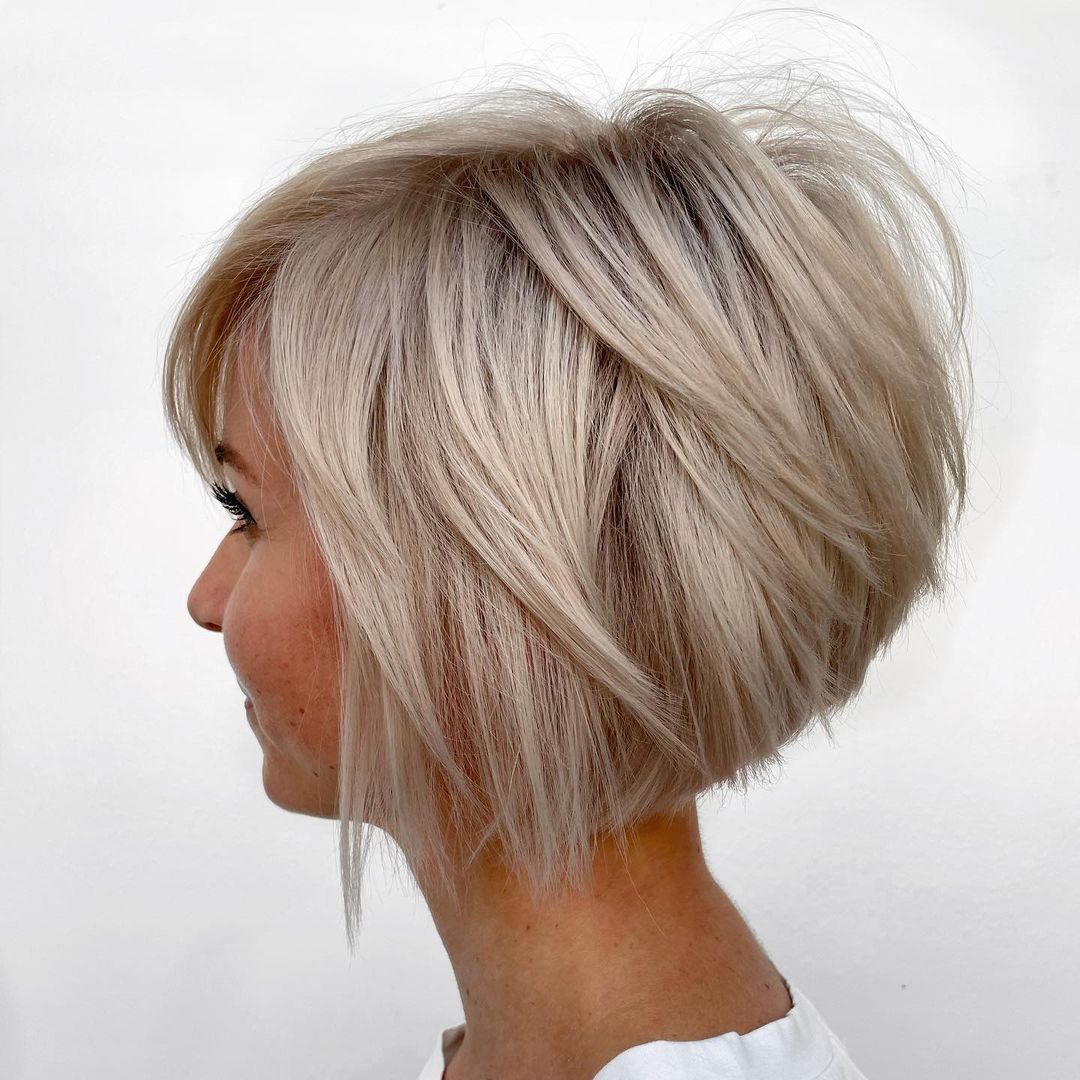 Feathery Layered Short Stacked Bob stacked bob haircut