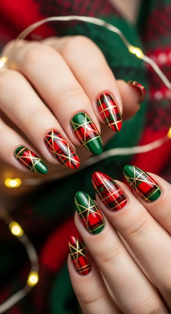 Classic red, green and gold tartan plaid on every nail