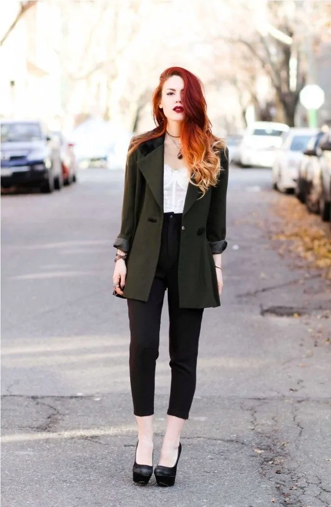An Olive Military Coat Over a White Tee and Cropped Trousers edgy outfit