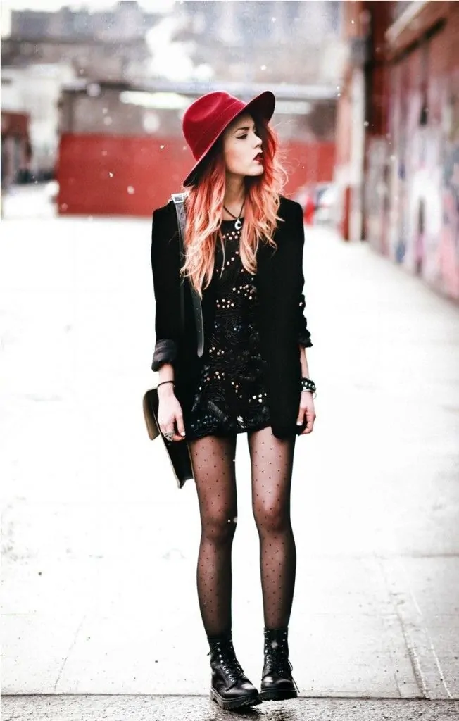 A Sequin Mini, Leather Jacket and a Bold Red Hat edgy outfit