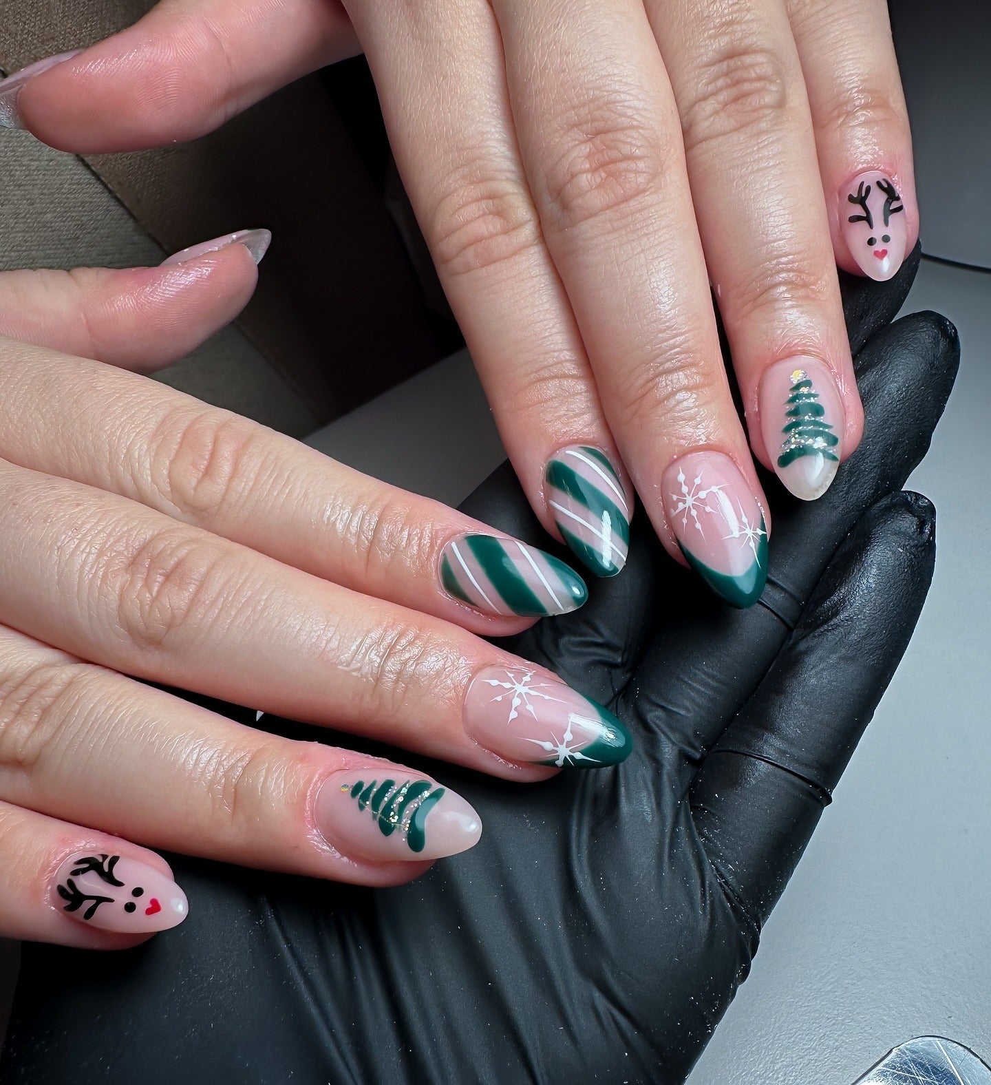 Emerald French Tips with a Christmas Tree and Snowflakes elegant christmas nail design