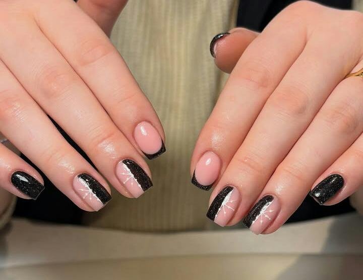 Black Glitter French Tip Snowflake Nails snowflake nail art design