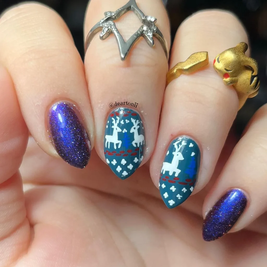 Midnight Blue Reindeer Sweater Nails sweater nail art design