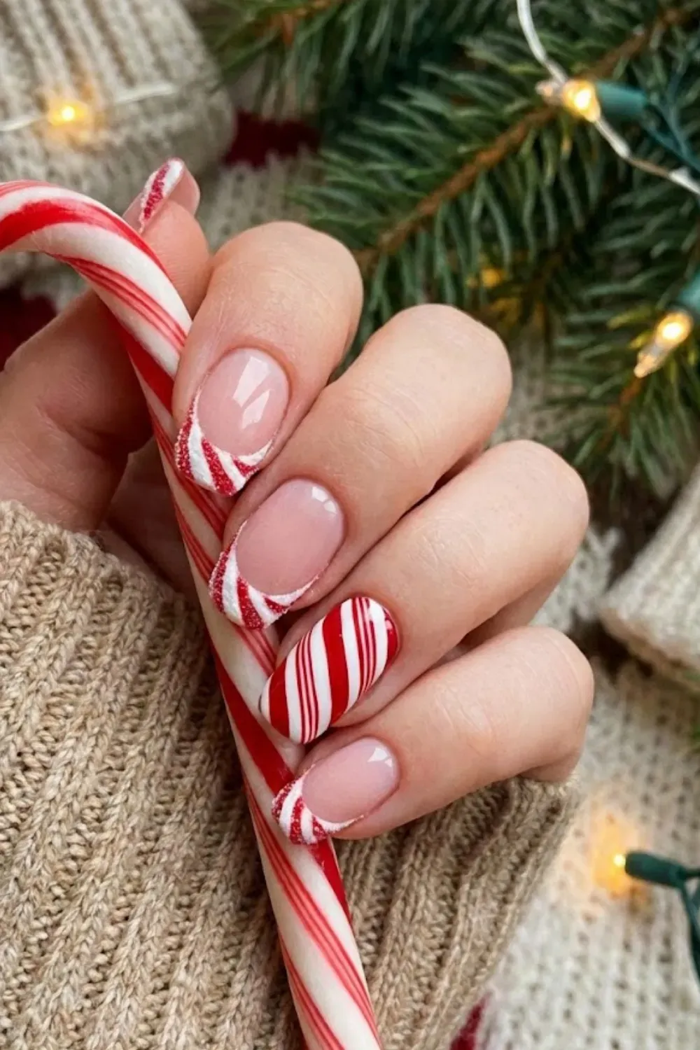 Candy Cane Striped French Tips subtle Christmas nail design