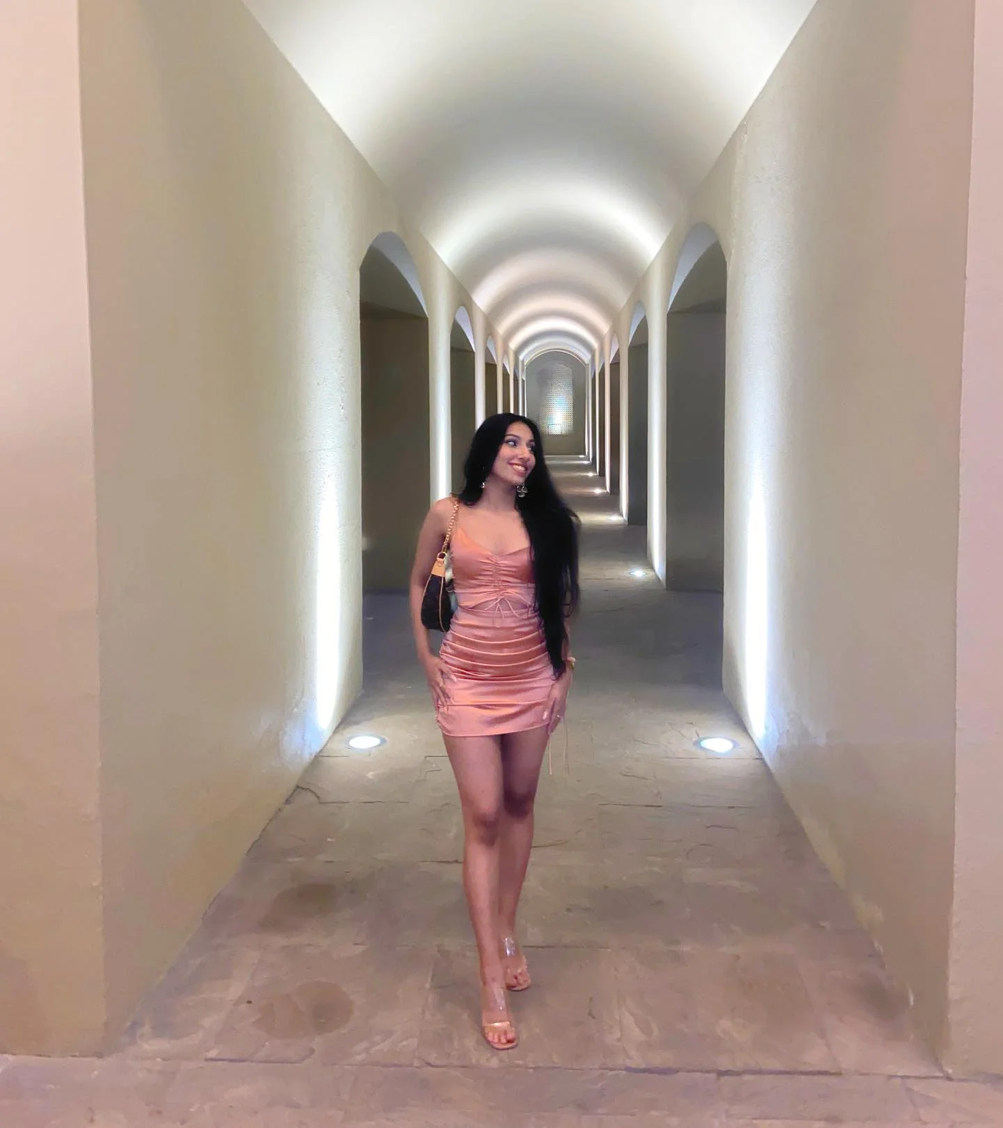 Peachy ruched mini dress with strappy heels cute dinner outfit