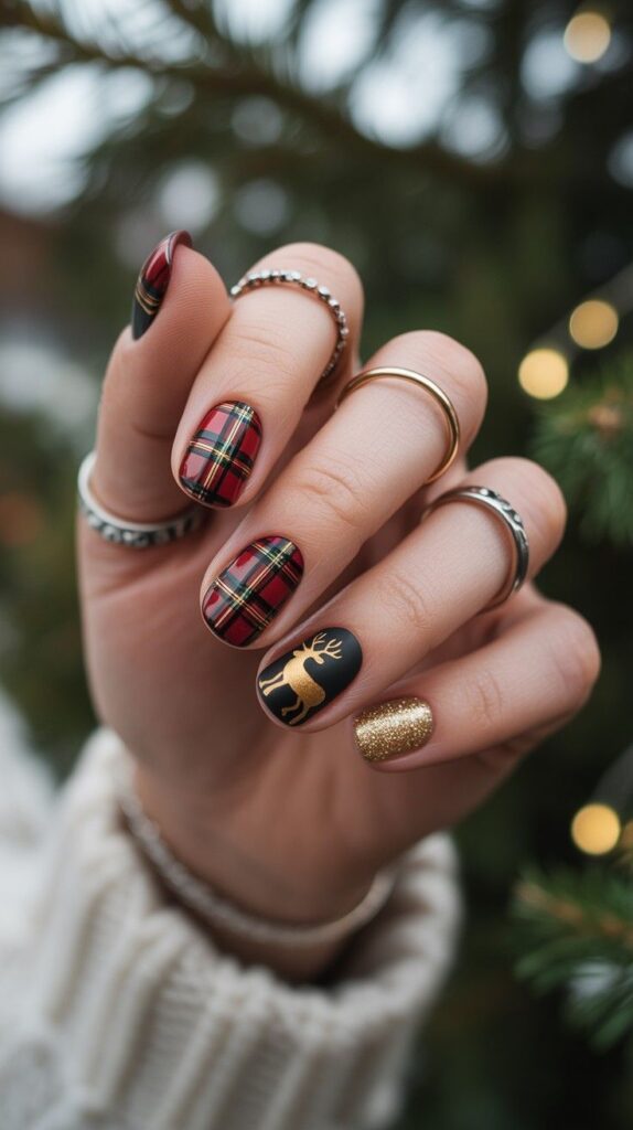 Red and green plaid with a gold reindeer accent nail design
