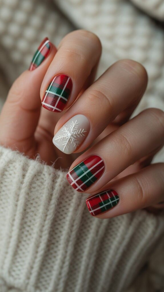 Cream plaid nails with a large white snowflake accent