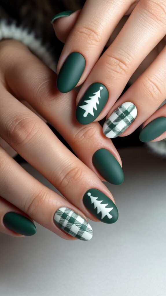 Matte green nails with a white Christmas tree and plaid accent