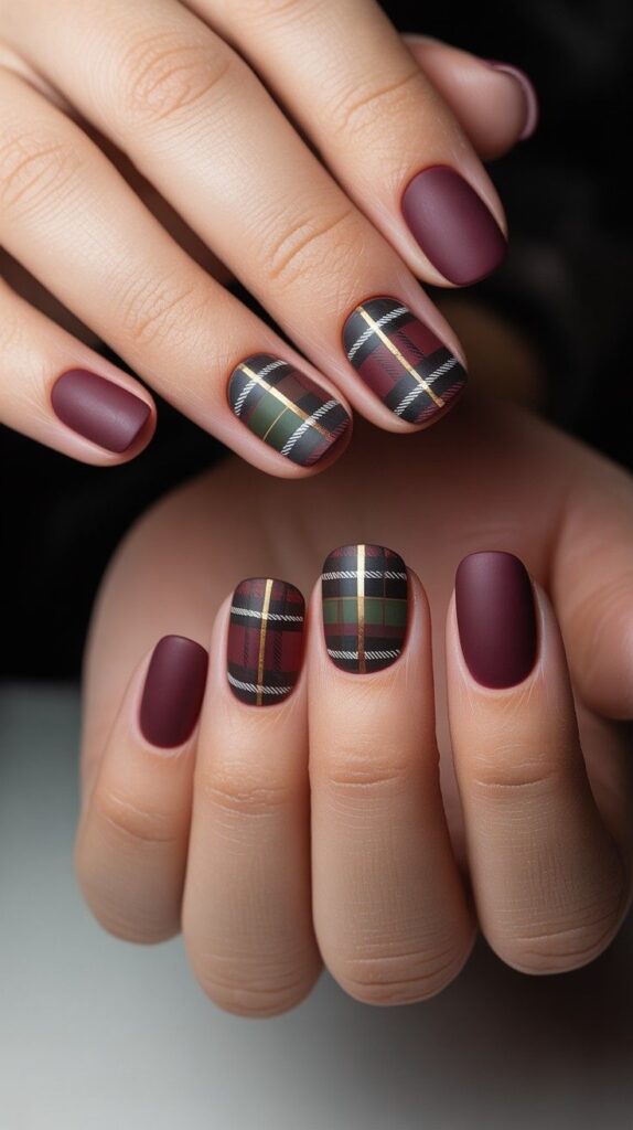 Matte burgundy nails with red and green plaid accent nails