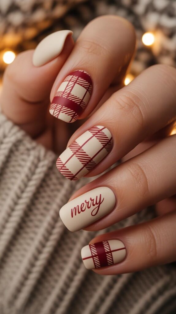 Cream nails with red plaid and script lettering accent