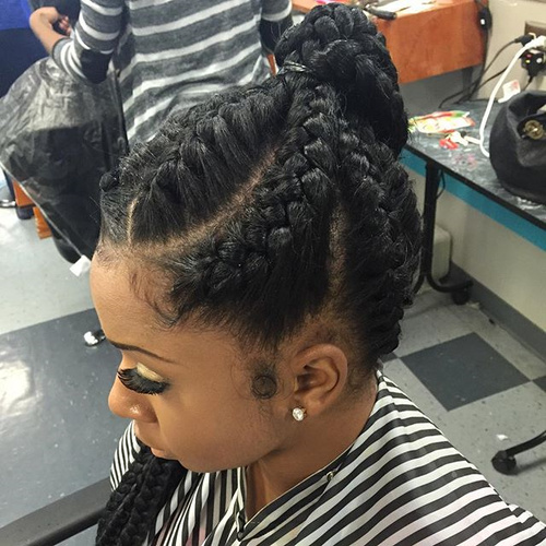 Jumbo cornrow ponytail gathered high