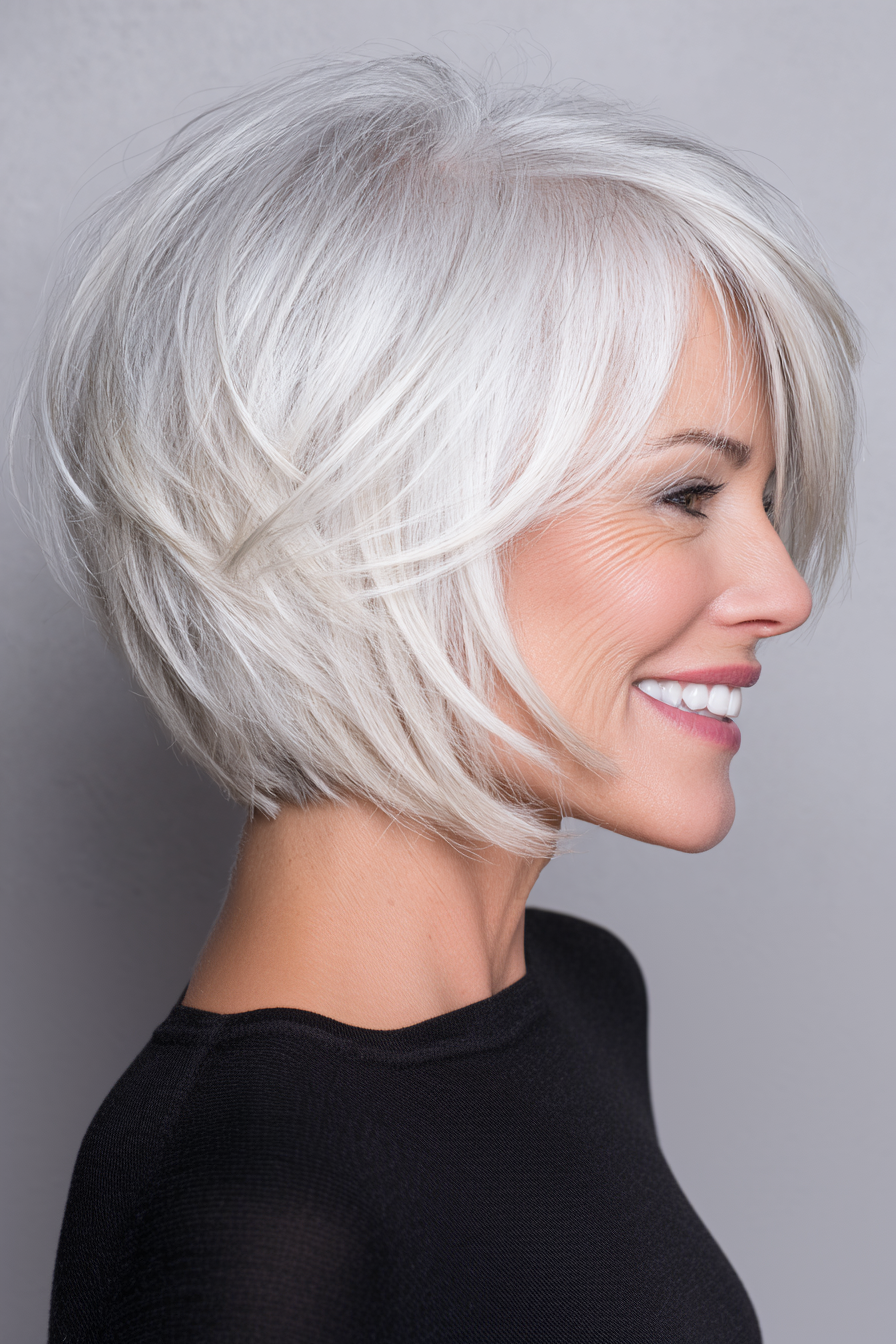 Razor-cut bob in near-white platinum silver blonde short hair