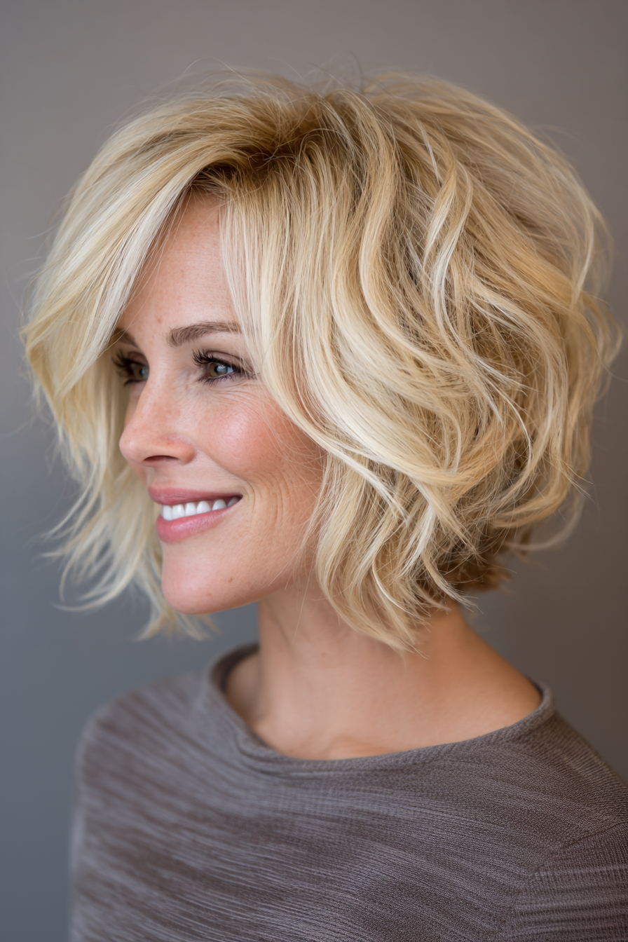 Creamy buttery layers on a chin-length bob blonde short hair