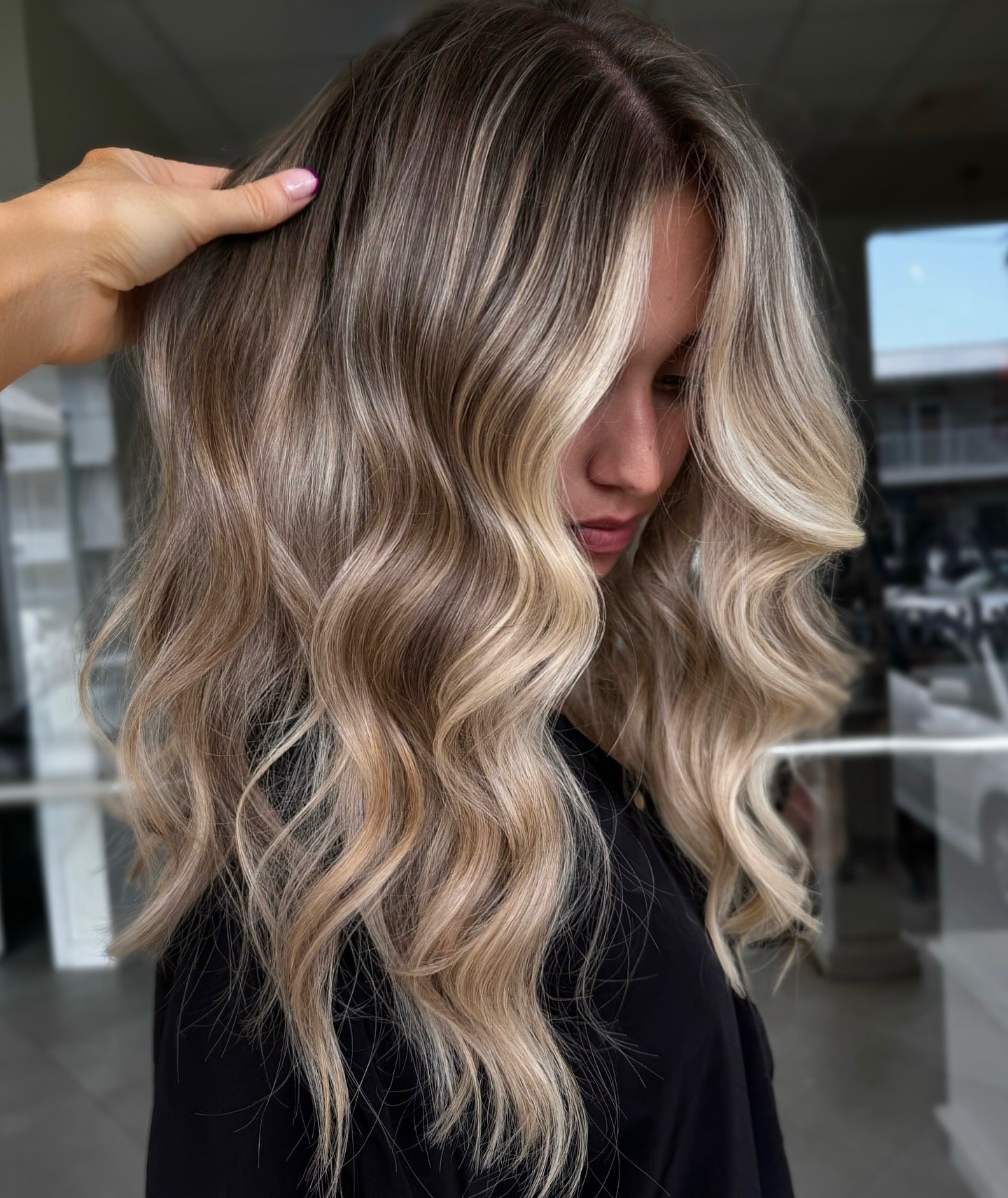 Blonde balayage with Hollywood waves