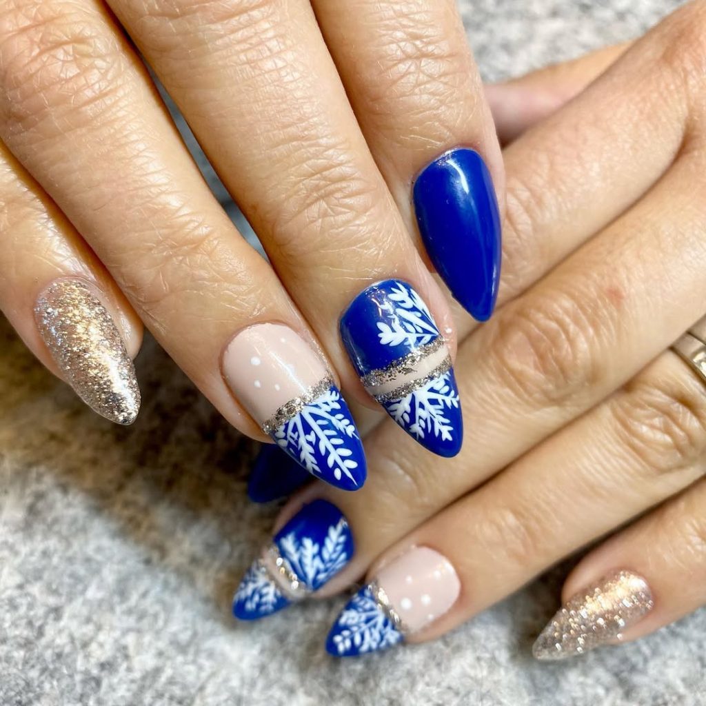 Royal Blue Almond Nails with Platinum Bands blue winter nail design