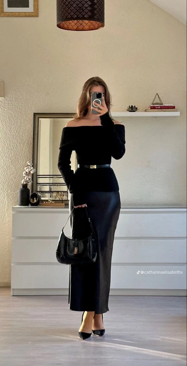 Belted sweater and shoulder bag with black satin maxi skirt outfit
