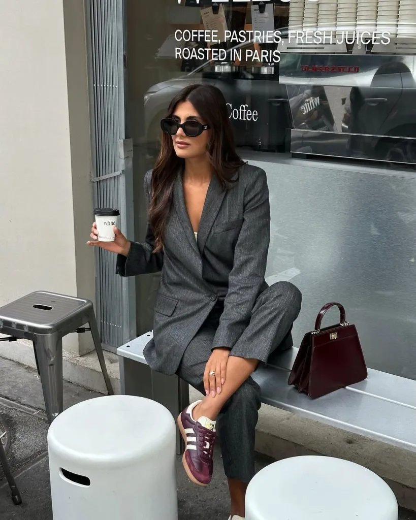 Grey Pinstripe Suit with Burgundy Accents business outfit