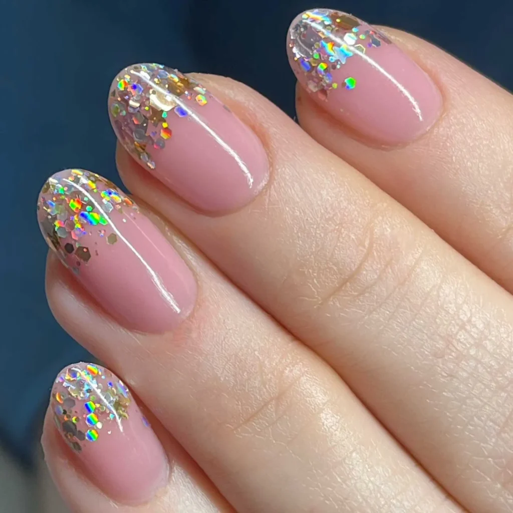 Nude Pink with Holographic Glitter Fade December nail manicure