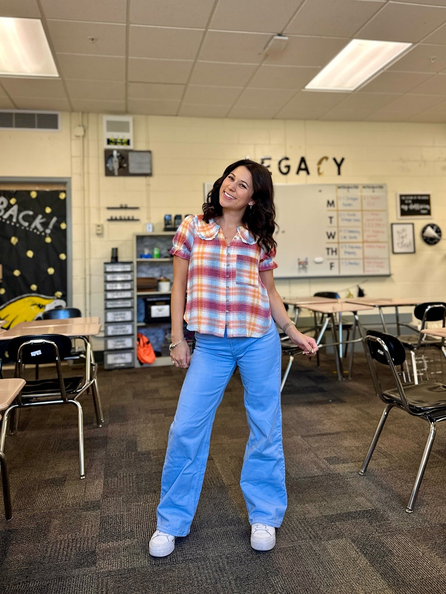 Plaid Blouse with Sky Blue Wide-Leg Trousers teacher outfit
