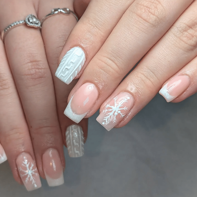 Knit Sweater and Snowflake Squares simple winter nail manicure
