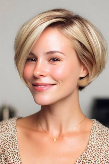 Rounded bixie in smooth blonde tones blonde short hair