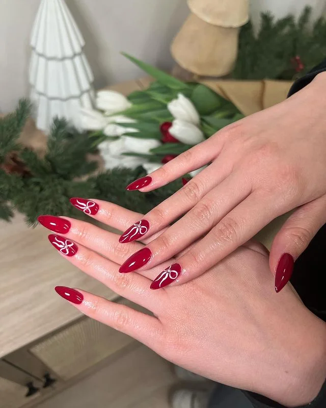 Cherry Red with White Snowflakes December nail manicure